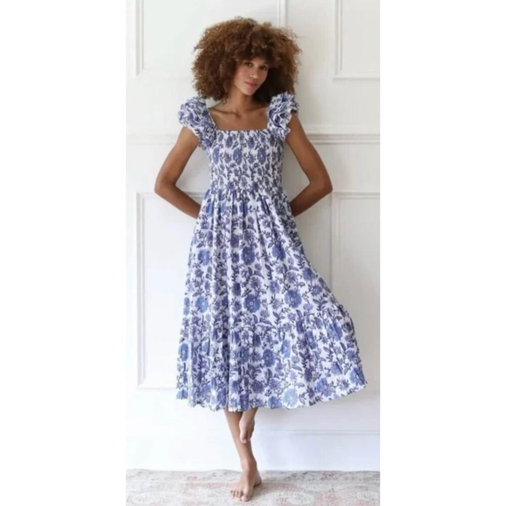 Mille Resort Tuckernuck Olympia Smocked Ruffle Midi Dress Blue Floral Print Med